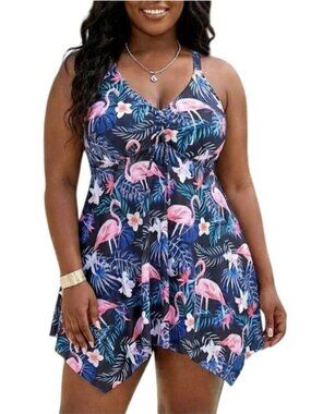Nleyook Plus Size 24 Swim Dress Flamingo Tropical Print Criss-Cross Open Back